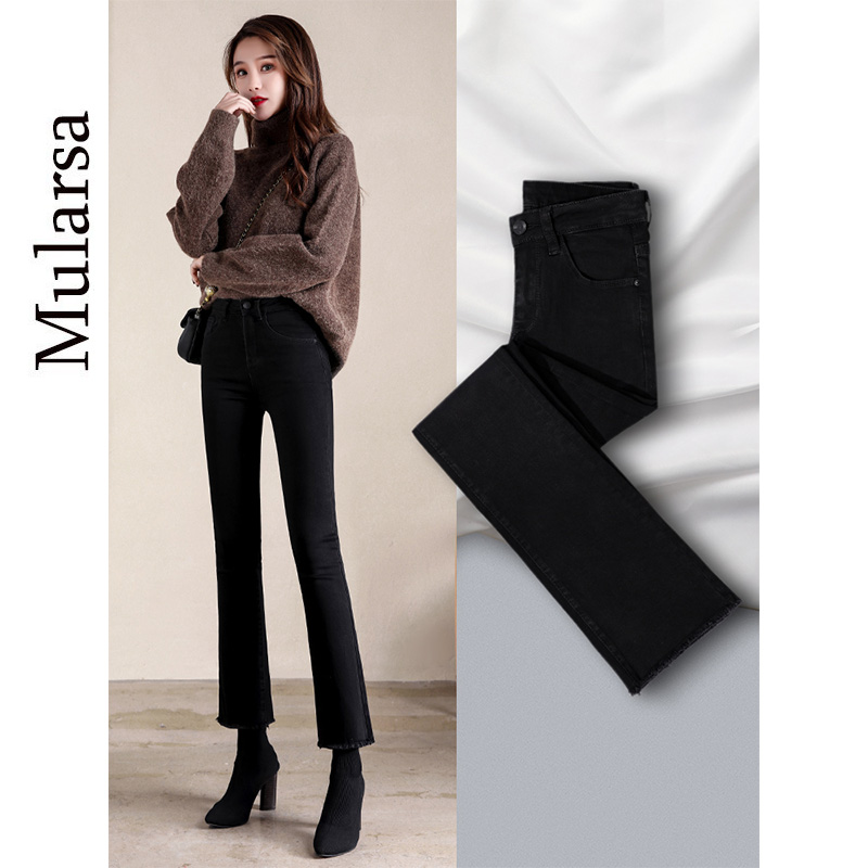 Black jeans women's 2022 spring and summer new high-waist slimming all-match nine-point raw-edged micro-launched pants