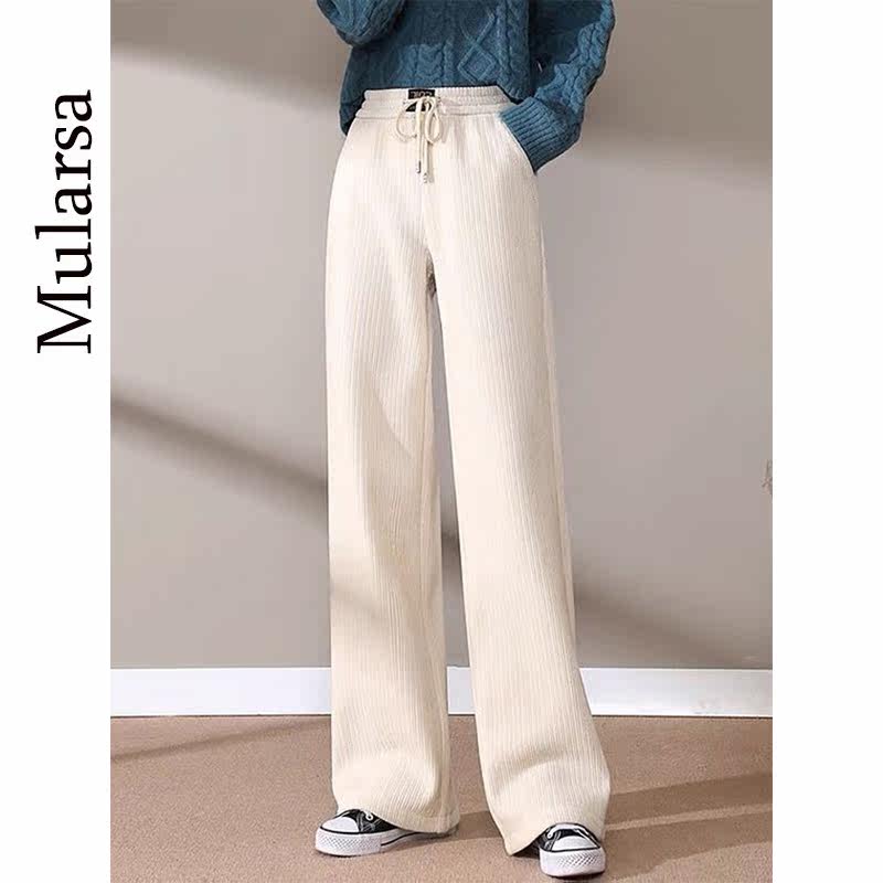 Light Core Suede Broadlegged Pants Woman 2021 Autumn Winter New Plus Suede Slim Tall Waist Straight Barrel Loose Pituality Casual Pants