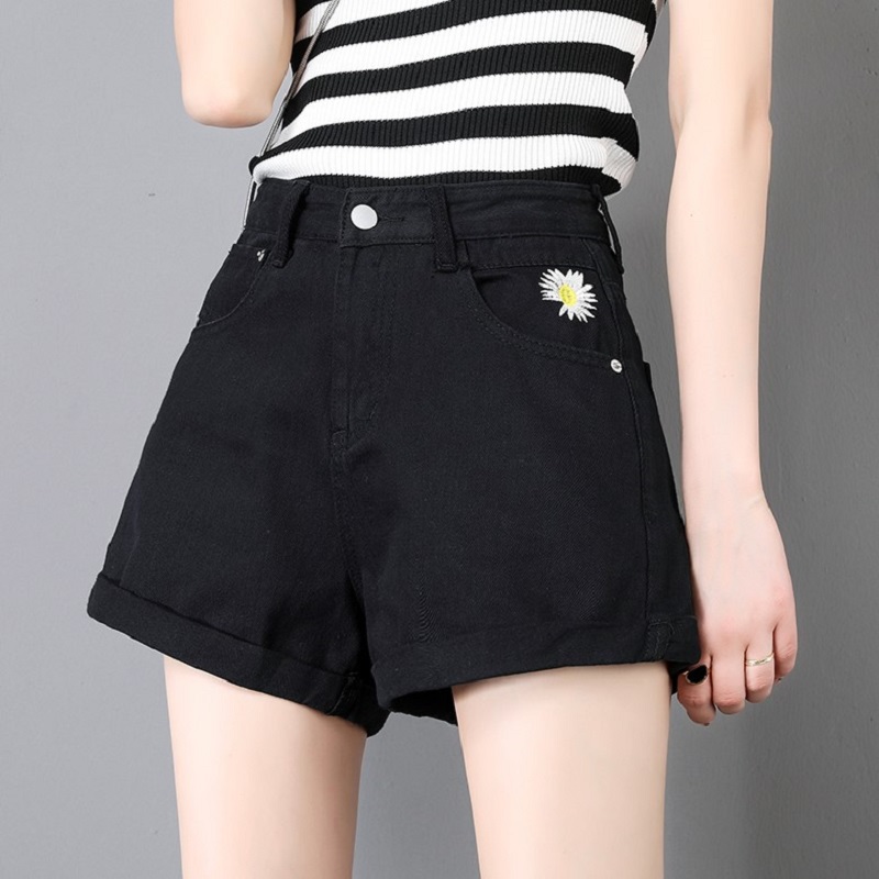 mularsa denim shorts women's summer 2021 new small daisy thin high-waisted thin embroidered a-word wide-leg hot pants