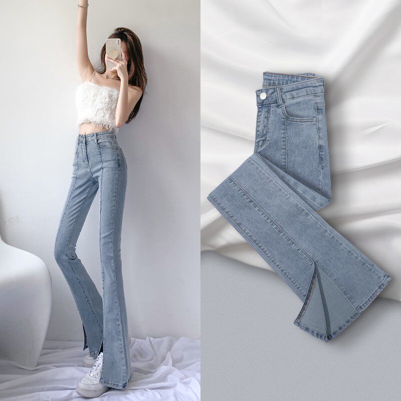 Horn jeans Women 2022 Spring new small sub fashion High waist open fork straight cylinder slim micro horn pants
