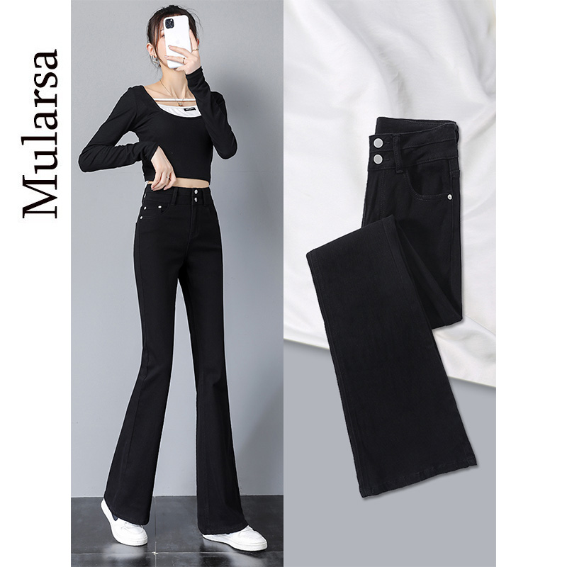 Black jeans women's 2021 autumn and winter new style plus velvet high waist, buttocks, abdomen, loose and thin, micro flared pants