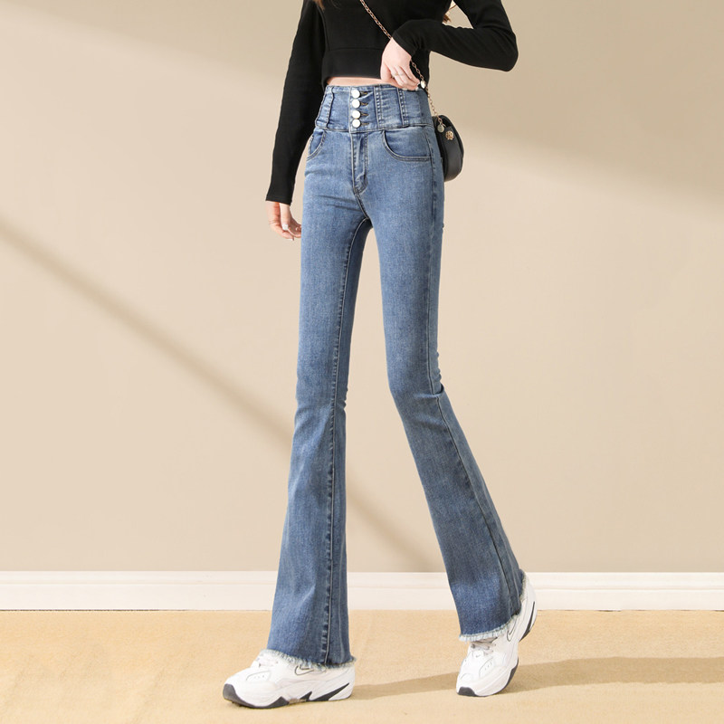 Micro Trumpeter Pants Woman 2021 Spring Autumn New High Waist Platoon Button to collect abdominal and thin broadside Trumpet Pants Tide