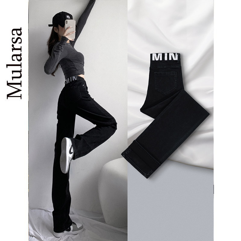 Black straight jeans women's 2022 new spring and autumn high waist loose embroidery autumn and winter plus velvet wide leg pants