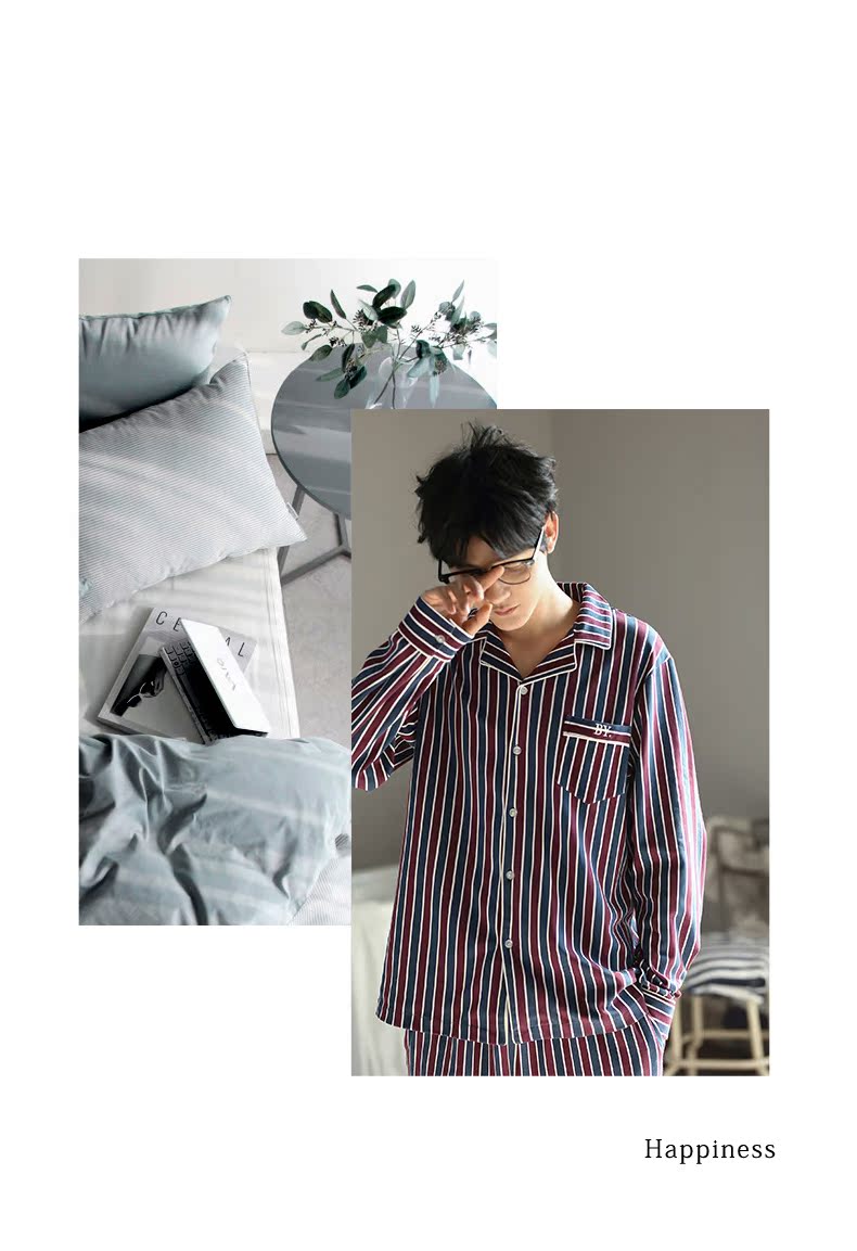 Man cotton mùa thu vài bộ đồ ngủ đơn giản sọc phụ nữ dịch vụ nhà ve áo nam mặc bên ngoài phù hợp với bông - Bên ngoài ăn mặc kiểu áo đồ bộ