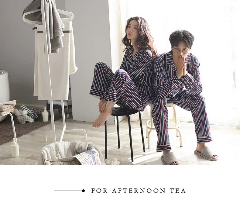 Man cotton mùa thu vài bộ đồ ngủ đơn giản sọc phụ nữ dịch vụ nhà ve áo nam mặc bên ngoài phù hợp với bông - Bên ngoài ăn mặc kiểu áo đồ bộ