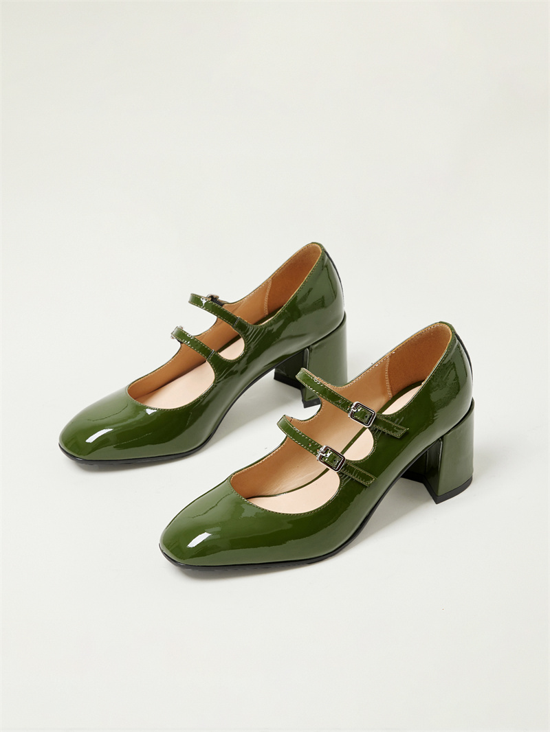 Lawnmower Old K French niche design Mary Jane shoes retro and coarse heels of Lice Paint Leather Single Shoes