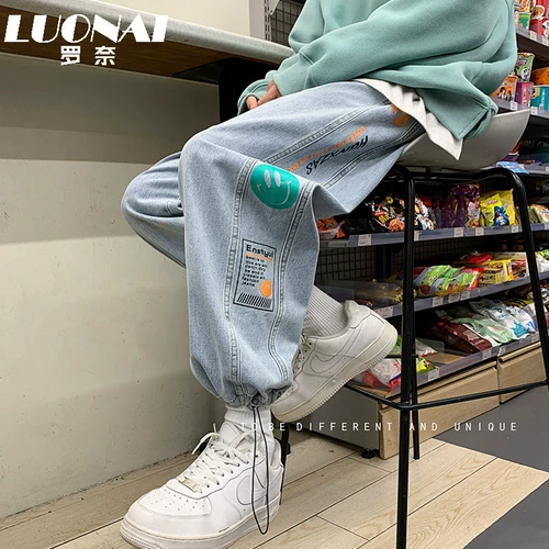 Осенние джинсы, трендовые штаны, повседневные брюки, оверсайз, в корейском стиле, свободный прямой крой