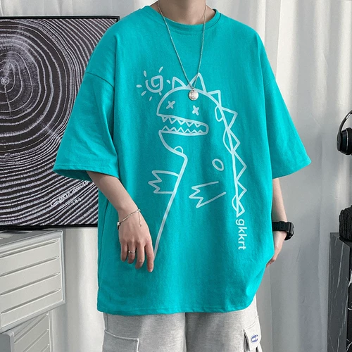 Летняя футболка с коротким рукавом, трендовый универсальный хлопковый динозавр, в корейском стиле, оверсайз, короткий рукав