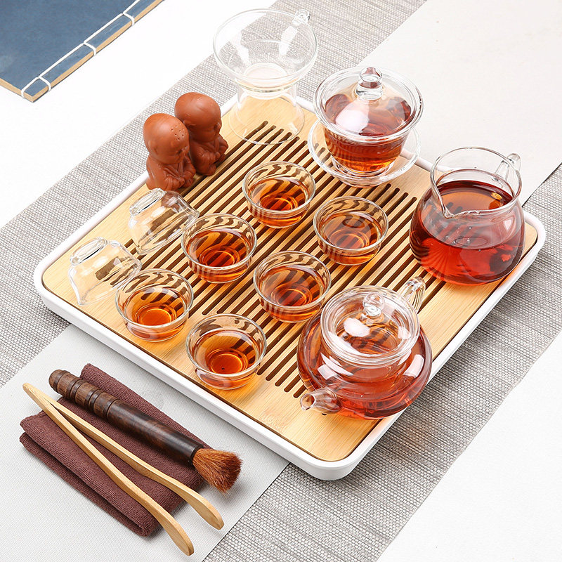 Kongfu tea furniture set group home whole set of purple sand ceramic glass teapot tea cup day style small tea table brief about bamboo tea tray