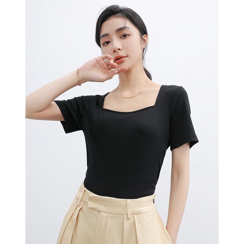dme STYLE气质方领T恤女简约休闲上衣
