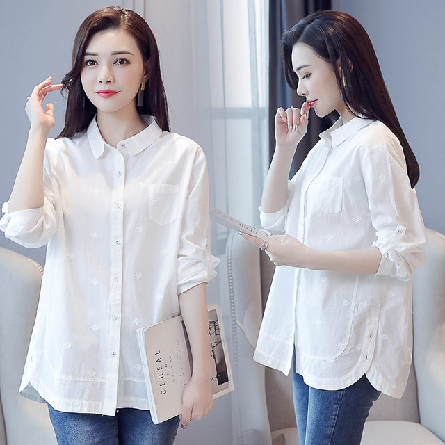 Casual white shirt women's long-sleeved mid-length outerwear top 2022 new Korean style loose cotton embroidered shirt