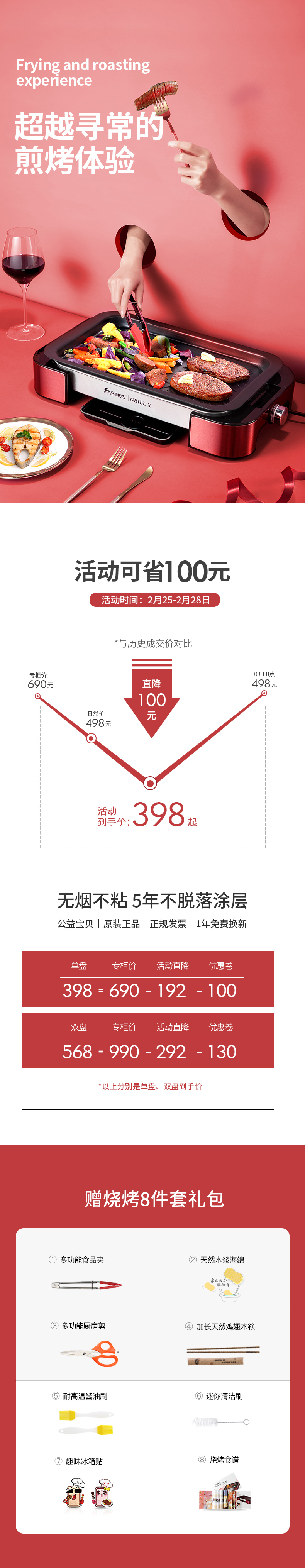 法诗缇 家用无烟不粘电烤盘 进口材质制成 534*290*95mm 图2