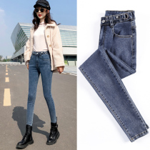 Stretch high-waisted jeans female spring and autumn super thin high pear-shaped body size fat sister small feet daddy pants
