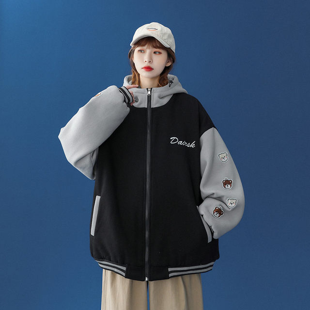 oversize baseball hooded jacket ສໍາລັບແມ່ຍິງພາກຮຽນ spring ໄຂມັນ mm ວ່າງຫວານ versatile ນັກສຶກສາ sweatshirt cardigan