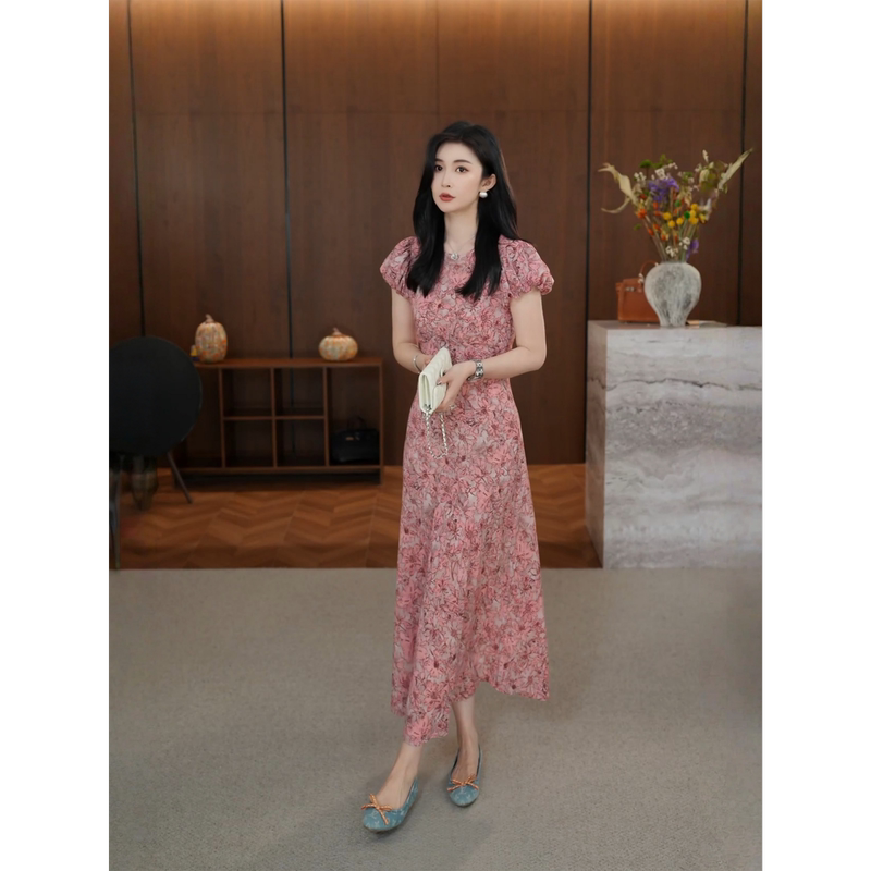 【Qingzhi】 Summer 100% Rayon Gentle Style Fashionable Temperament Bias-Cut Floral Long Waist-Cinching Dress 【Qingzhi】 Summer 100% Rayon Gentle Style Fashionable Temperament Bias-Cut Floral Long Waist-Cinching Dress
