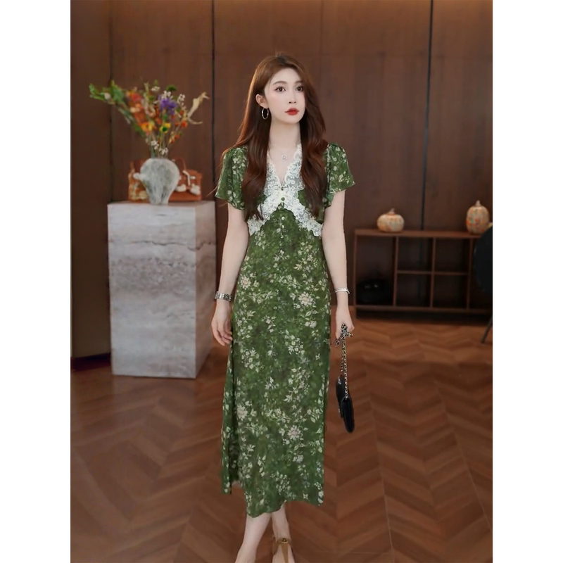 【Cui Feng】 Summer New French-Style Floral Waist-Cinching Slimming Mid-Length Short-Sleeve A-Line Dress 【Cui Feng】 Summer New French-Style Floral Waist-Cinching Slimming Mid-Length Short-Sleeve A-Line Dress