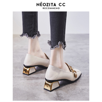 2022 spring new not tired foot high heel shoes small leather shoes Inn wind coarse heel single shoes Spring and autumn with Lefoe womens shoes