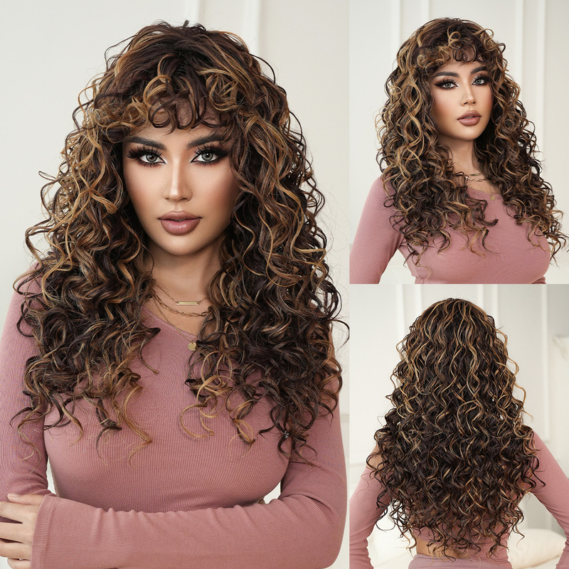 New Style Spicy Asian Honey Blonde Curly Hair Black Spring Curly Long Hair with Bangs Synthetic Fiber Machine-Made Wig