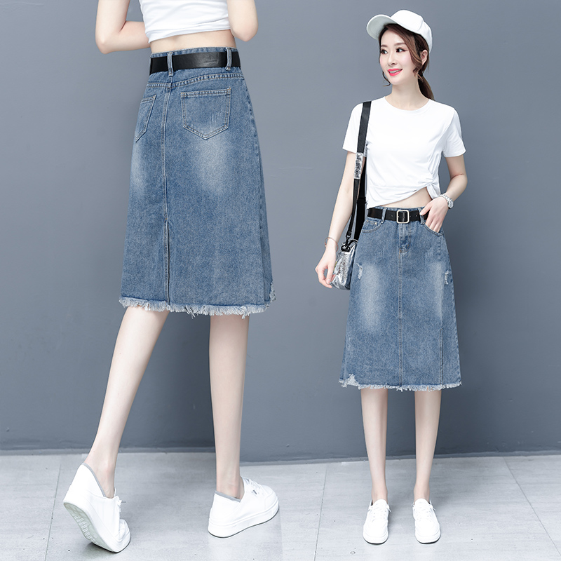 Denim váy của phụ nữ giữa chiều dài 2020 mùa xuân / mùa hè mới của Hàn Quốc phiên bản của denim len váy eo cao mở ngã ba một chữ váy