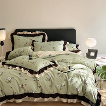 Cotton printed double-layer lace four-piece set pure cotton retro small floral French romantic single quilt cover bed sheet for four seasons