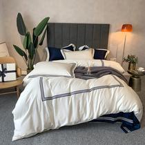 High-end simple solid color American hotel wind light luxury 60s long-staple cotton embroidered three-line bed four-piece set