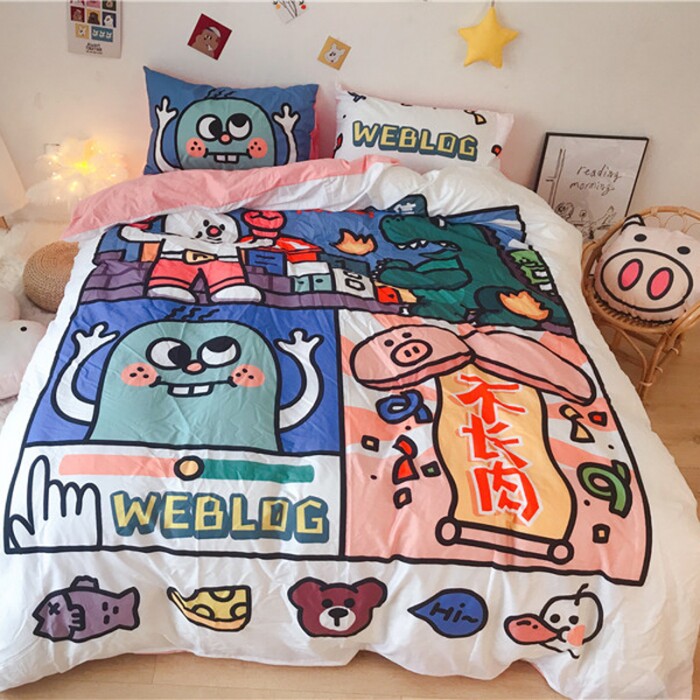 Little Freshens Children Cartoon full cotton satin bed Three sets of beds Four sets of pieces Beating Monster