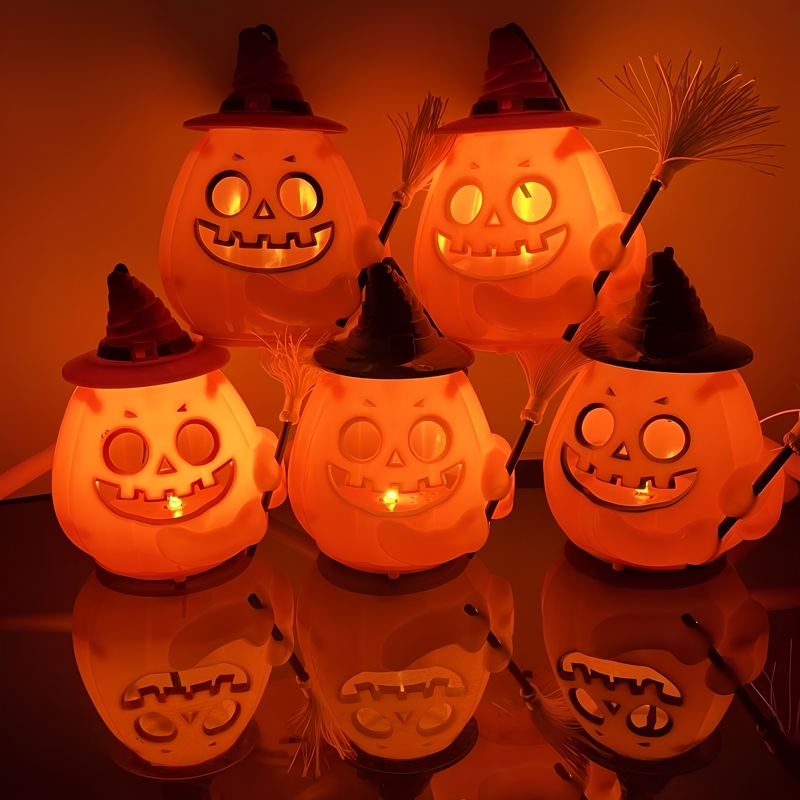 Halloween Broom Witch Hat Glowing Ghost Sound Holiday Quirky Atmosphere Handheld Pumpkin Lantern Trick-Or-Treat Candy Bucket