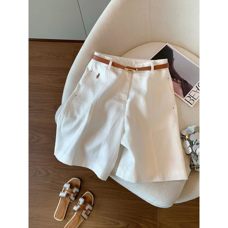 Outlet Brand Clearance Old Money Style White Pony Embroidered Linen Mid-Length Shorts for Women, Simple and Loose Five-Point Shorts Outlet Brand Clearance Old Money Style White Pony Embroidered Linen Mid-Length Shorts for Women, Simple and Loose Five-Point Shorts