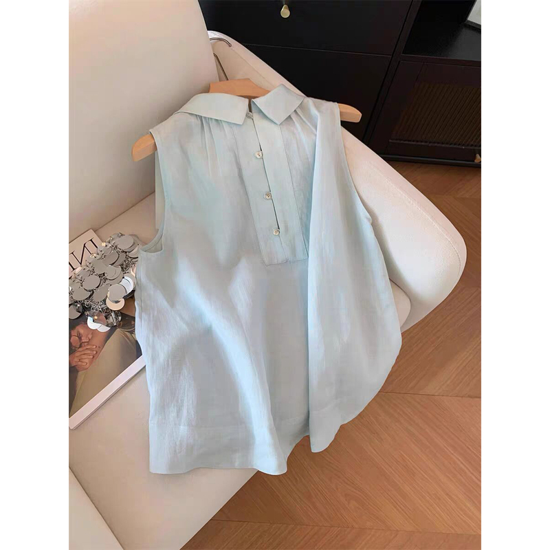 Light Blue Lapel Cotton and Linen Sleeveless Shirt for Women 2025 Summer Loose Slimming Korean Style Simple Vest Top