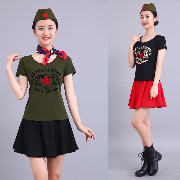 Square dance outfit women's blouses short sleeves T-shirt adult dance suit 100 hitch soldier dance costumes women in costume