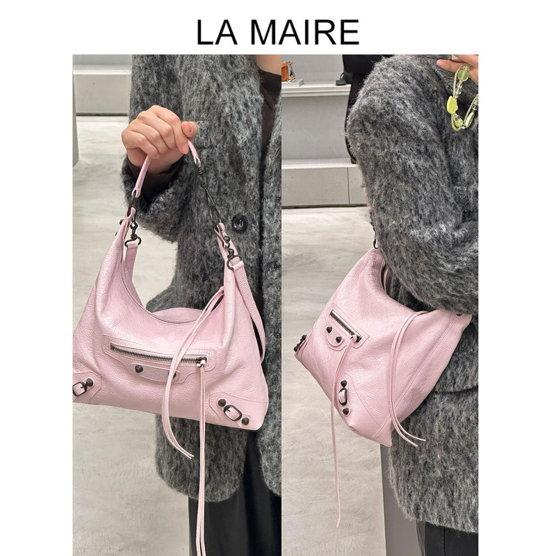 Le City Hobo Motorcycle Bag Original Factory Cracked Leather Underarm Bag with Rivets Single Shoulder Crossbody Bag