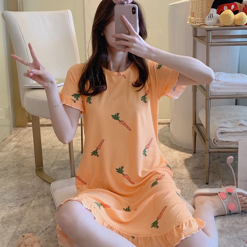 Pajama bộ đồ ngủ nữ mùa hè ngắn tay bộ đồ ngủ mất quần áo nhà womens đồ ngủ Hàn Quốc phiên bản phim hoạt hình dễ thương thường giữa chiều dài váy.