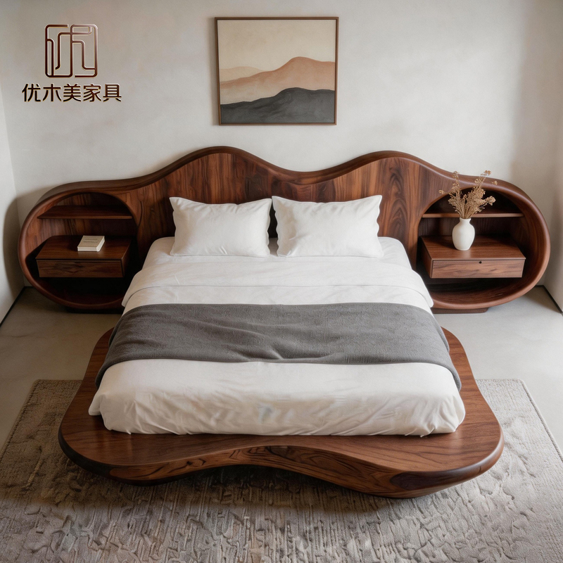 New Chinese-Style North American Black Walnut Solid Wood Bed, High-End Double Bed with Wave-Shaped Storage, Bedroom Furniture