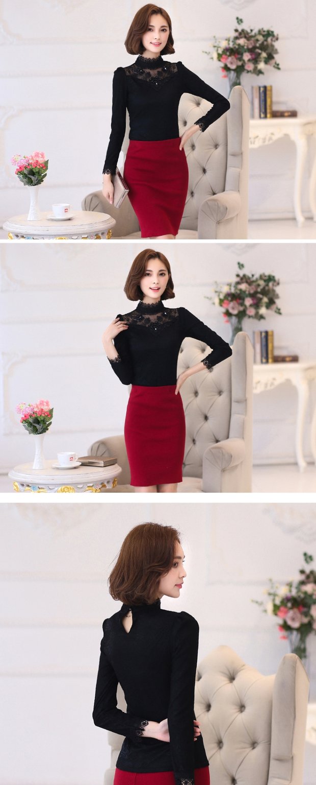 Mùa thu đông mới Quần áo mùa thu mới của phụ nữ Áo sơ mi ren đáy quần Áo thun nữ dài tay cộng với áo nhung dày ấm áo ngắn áo polo nữ form rộng có cổ