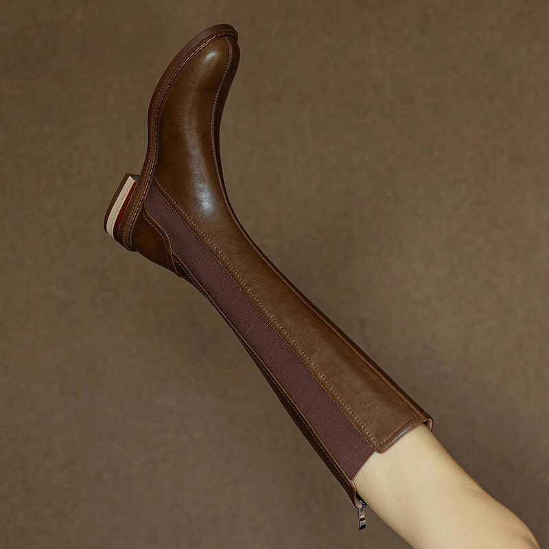 2025 New Retro Versatile Flat Riding Boots Autumn and Winter Slimming High Boots Women's Elastic Long Boots with Chunky Heels