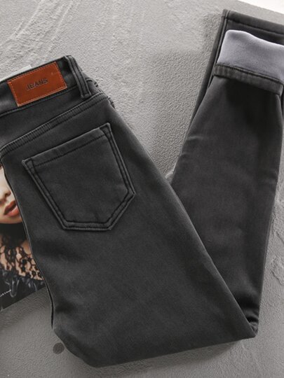 Smoke Gray Fleece-Lined Jeans for Women, Slim Fit, Winter 2025 New Style, High-Waisted, Plus Size, Slimming, Tight-Fitting, Stretchy Skinny Pants