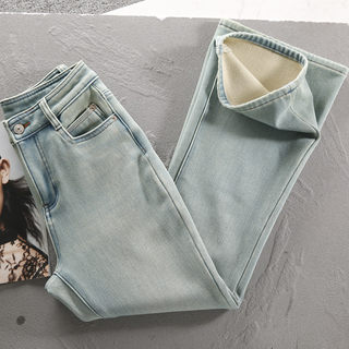 Flared Jeans for Women, Slim Fit, High Waist, 2025 Autumn and Winter New Style, Thickened and Fleece-Lined, Four-Way Stretch, Drapey, Light-Colored Bell-Bottom Pants
