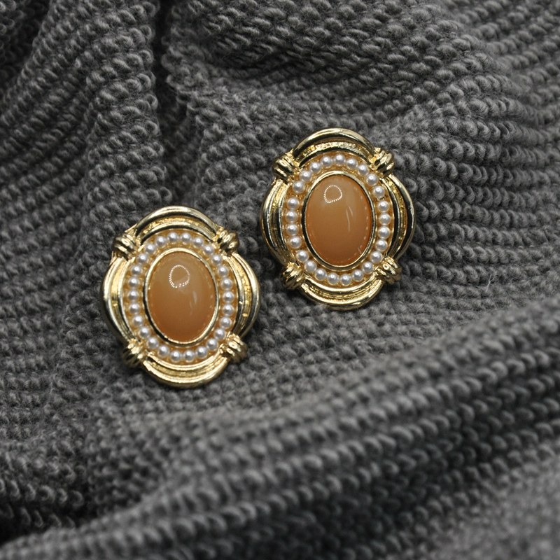 Qiujia retro romantic French court apricot gem pearl 925 silver needle ear needle without ear hole ear clip