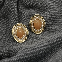 Autumn Home Retro Romance Style Palace Almond color jewel pearl 925 silver needle ear nail without ear clip