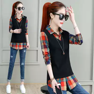 Fake two stitching shirt ladies 2021 new spring dress feminine plaid shirt foreign style coat early spring