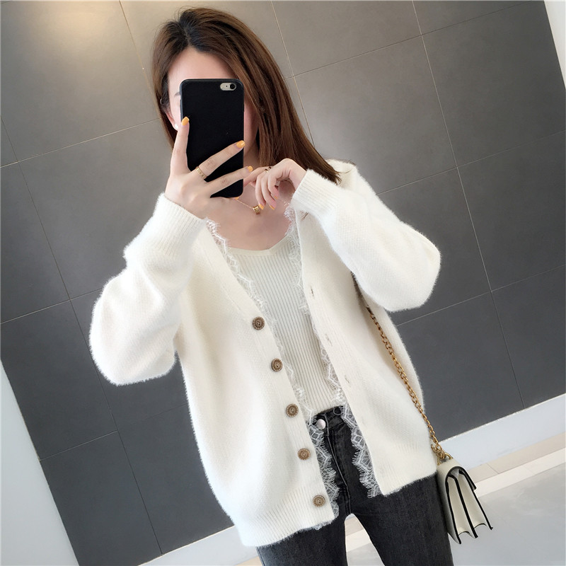 2020 mùa xuân Outfit New Mink ren nhung v-cổ áo len bên ngoài lỏng phụ nữ cardigan của mặc một chiếc áo len áo khoác Snowy