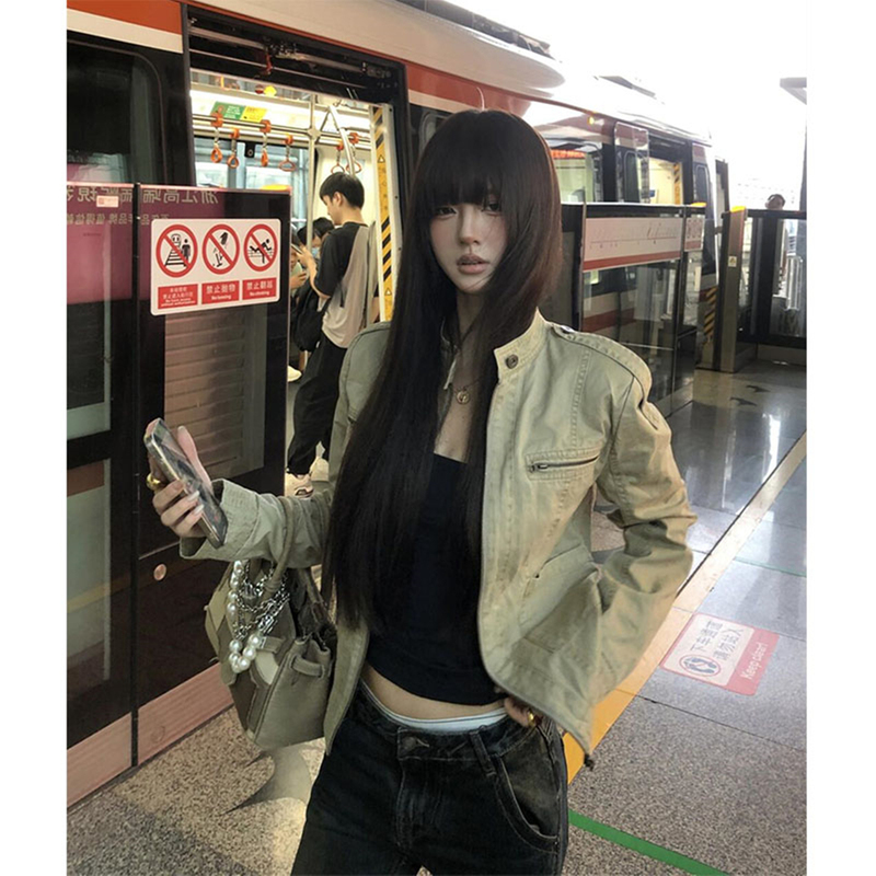 American Retro Stand-Up Collar, Cinched Waist, Straight Shoulder Denim Jacket for Women, Autumn, Super Stylish, Cool Biker Jacket Top