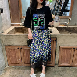 Korea Dongdaemun 2022 new summer style ins popular designer letter lace stitching floral dress