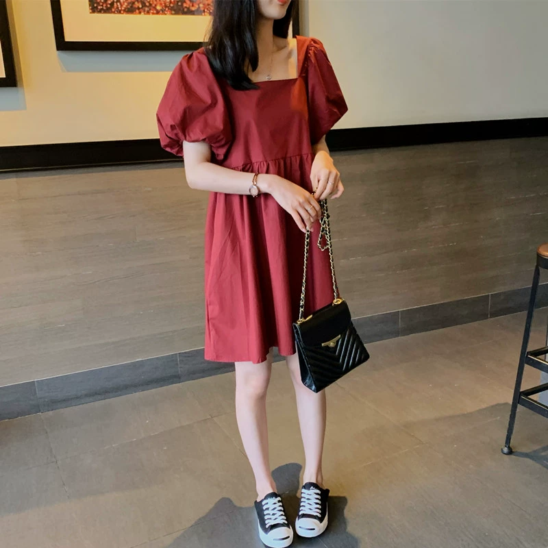 Pháp retro tay phồng váy nữ 2021 mùa hè phong cách mới khí chất nhỏ eo váy chữ A mỏng - A-Line Váy