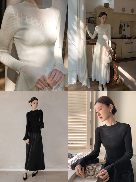 Xxning French-Style Sheer Bell-Sleeve Knit Top 2025 Autumn New Slim-Fit Elegant Long-Sleeve Base Shirt