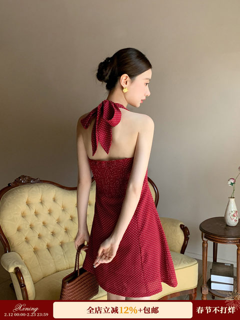 Xxning French Retro Red Polka Dot Halterneck Dress for Women Autum Seaside Resort Style Sleeveless Backless Long Dress