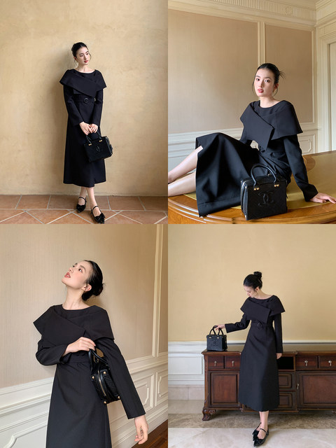 Xxning French-Style Shawl Collar Waist-Cinching Dress for Women, Niche High-End Socialite Style, Fashionable and Suitable for Commuting