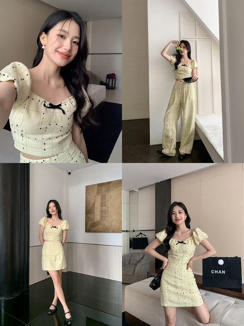 Xxning Tweed Style Sweet Girl Puff Sleeve Yellow Short Top Casual Pants Spring Casual Fashion Two-Piece Set