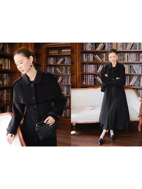 Xxning French Retro Cape Design Two-Way Woolen Coat for Women, Autumn and Winter High-End Fashion Waist-Cinching Jacket