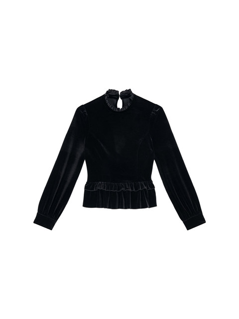 Xxning French-Style Ruffled Stand-Up Collar Velvet Shirt for Women, New Autumn and Winter Slim-Fit Outerwear Base Shirt